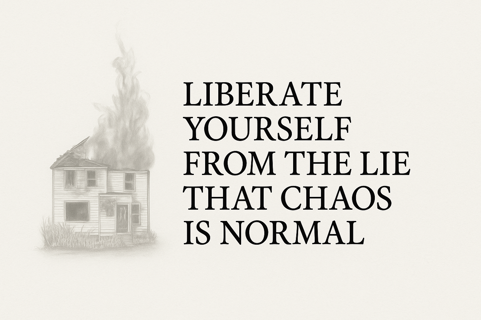 Illustration of a burning, abandoned house in grayscale on the left side, with smoke rising into the sky. On the right side, bold serif text reads: 'LIBERATE YOURSELF FROM THE LIE THAT CHAOS IS NORMAL' on a light beige background.