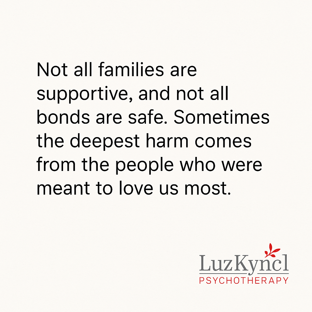 Healing quote about family pain and liberation, with LuzKyncl Psychotherapy logo on a soft background.