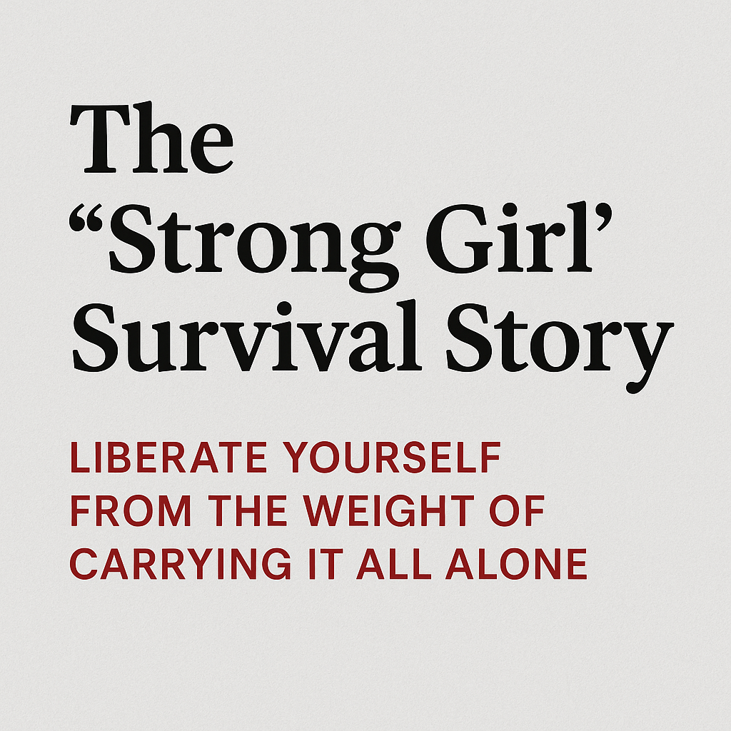 Graphic with gray background and black and red text reading: The 'Strong Girl' Survival Story – Liberate yourself from the weight of carrying it all alone.